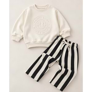 Kız Çocuk 3 İplik Kabartma Baskı Çizgili Jogger Sweatshirt Eşofman Alt Üst Takım