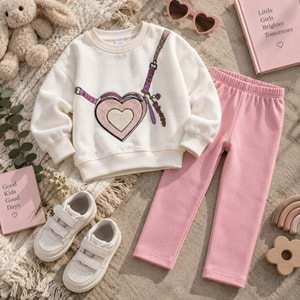 Kız Çocuk Yeni Sezon 3D Nakış İşlemeli 3 İplik Sweatshirt Tayt Alt Üst Takım
