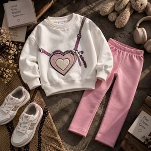 Kız Çocuk Yeni Sezon 3D Nakış İşlemeli 3 İplik Sweatshirt Tayt Alt Üst Takım