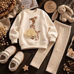 Kız Çocuk Balerin 3D Tütü Aplike Detaylı Sweatshirt Çizgili Tayt Alt Üst Takım