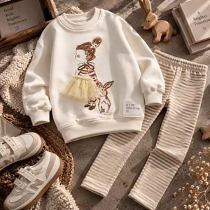 Kız Çocuk Balerin 3D Tütü Aplike Detaylı Sweatshirt Çizgili Tayt Alt Üst Takım