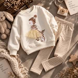 Kız Çocuk Balerin 3D Tütü Aplike Detaylı Sweatshirt Çizgili Tayt Alt Üst Takım
