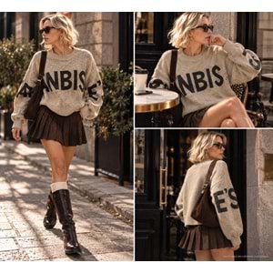 Yazı Desenli Oversize Bisiklet Yaka Crop Triko Kazak