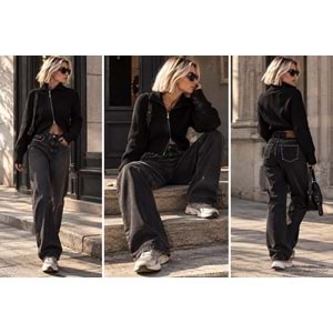 Rodeo Stud Taş / Zımba Detaylı Yüksek Bel Wide Leg Jean