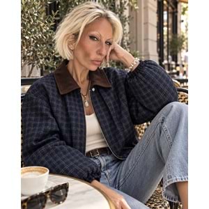 Oxford Lacivert Ekose Kontrast Yaka Bomber Ceket / Mont