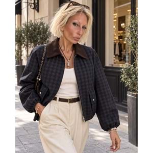 Oxford Lacivert Ekose Kontrast Yaka Bomber Ceket / Mont