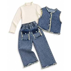 Unisex Kot Yelek Pantolon,Triko Bluz 3 Parçalı Takım - 2-3 YAŞ