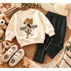 Kız Çocuk Aplike Bere Detay Aksesuarlı Baskılı Sweatshirt Eşofman Altı Alt Üst Takım - Şardonlu
