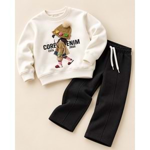 Kız Çocuk Aplike Bere Detay Aksesuarlı Baskılı Sweatshirt Eşofman Altı Alt Üst Takım - Şardonlu