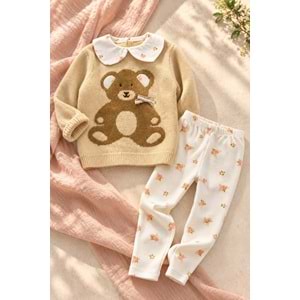 Kız Çocuk Ayıcık Nakışlı Bebe Yakalı Triko Sweatshirt ve Çiçek Desenli Tayt 2li Takım