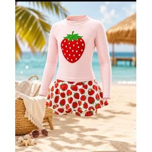 Kız Çocuk Çilek Desenli Uzun Kollu Tayt Etekli 2 Parça Mayo / Bikini Takımı