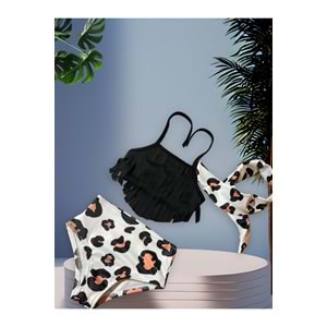 Kız Çocuk Püsküllü Bikini Takımı Yüksek Bel Leopar Desen 3 Parçalı Takım