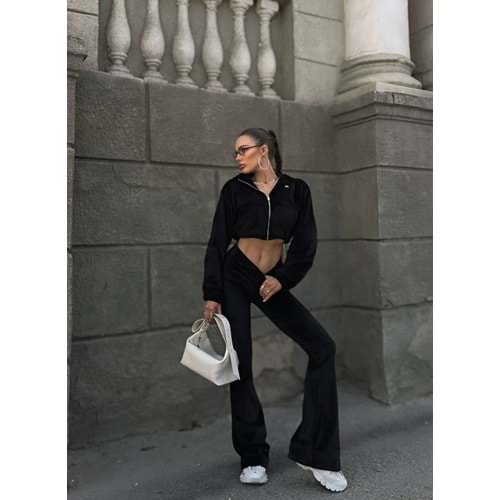 Crop top İspanyol Paça Siyah Kadife Eşofman Alt Üst Takım 2 Parça Fermuarlı