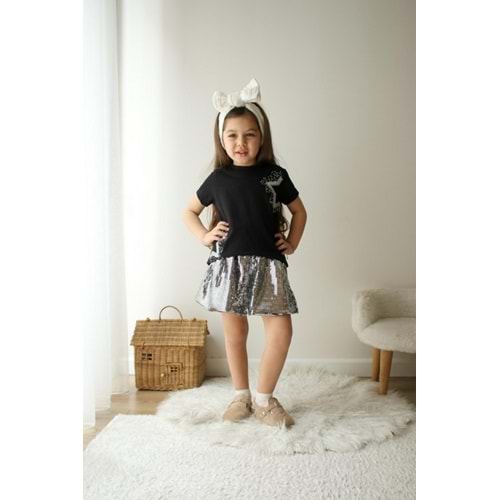 Kız Çocuk Gümüş - Siyah Renk Parlak Disco Kumaş Balon Etek Yıldız Baskılı T-shirt Pamuklu Altüst Takım