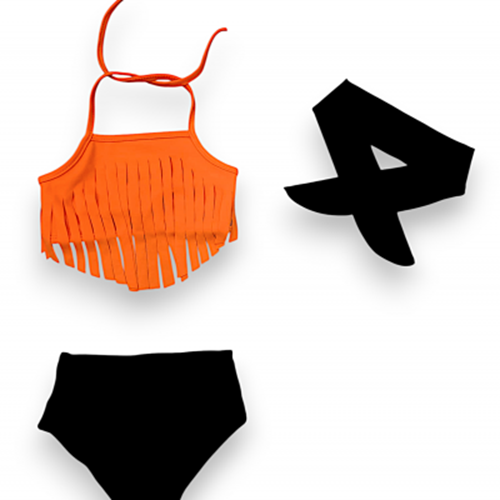 Kız Çocuk Turuncu Renk Püsküllü Bikini Takımı Bandanalı 3'lü Set