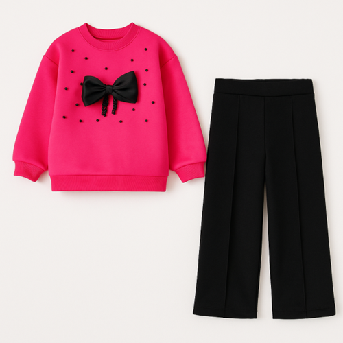 Kız Çocuk Siyah 2’li Takım – Kırmızı Organze Gül Detaylı Sweatshirt & Rahat Eşofman Takım