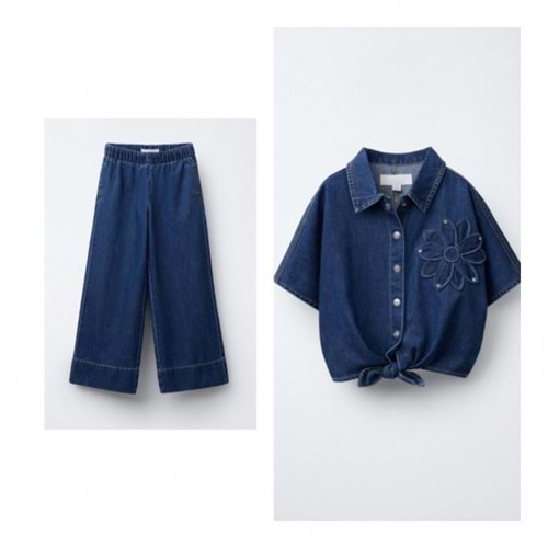 Kız Çocuk Çiçek Papatya Aplike Detaylı Denim Ceket - Pantolon Alt üst Takım 2 Parça