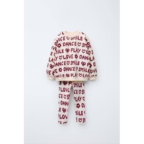 Kız Çocuk Love Slogan Yazı Detaylı Alt üst Takım 3 İplik