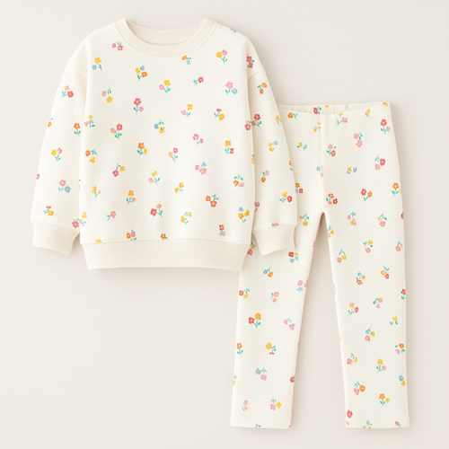 Kız Çocuk Çiçek - Leopar Detaylı 3 İplik Alt Üst Takım Sweatshirt + Tayt