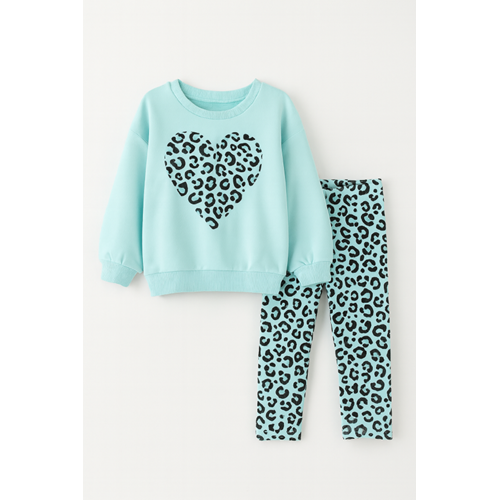 Kız Çocuk Çiçek - Leopar Detaylı 3 İplik Alt Üst Takım Sweatshirt + Tayt