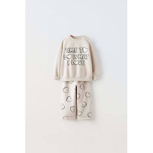Kız Çocuk Slogan Yazı Detaylı Sweatshirt + Tayt Alt Üst Takım