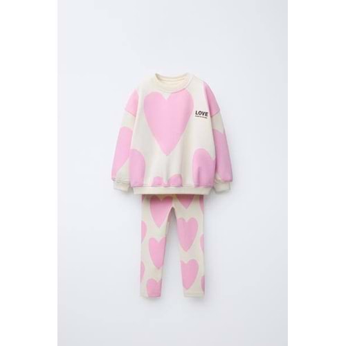 Kız Çocuk Lovew - Kalp Slogan Yazı Detaylı Sweatshirt + Tayt Alt Üst Takım