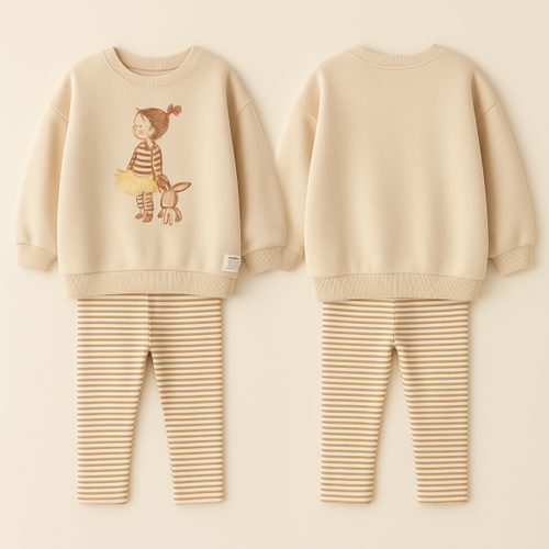 Kız Çocuk Balerin 3D Tütü Aplike Detaylı Sweatshirt Çizgili Tayt Alt Üst Takım