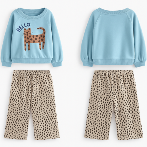 Kız Çocuk Puantiye Leopar Eşofman Altı Bebe Mavi Kedi Baskılı Alt Üst Takım