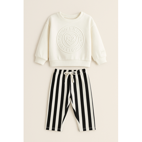 Kız Çocuk 3 İplik Kabartma Baskı Çizgili Jogger Sweatshirt + Eşofman Altı Takım