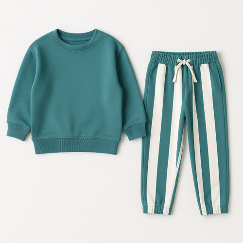 Kız Çocuk Canvas Cizgili Jogger Alt Petrol Yeşil Sweatshirt Alt - Üst Takım