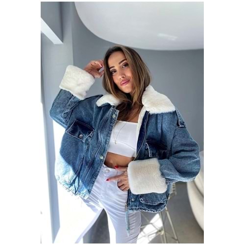 Kadın Denim Jean Kürk Yaka Ve Kol Detaylı Peluş Mont