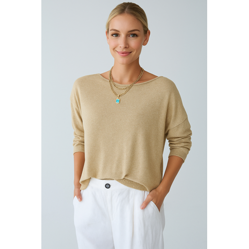 Kadın Giyim Yeni Sezon Sim Dokuma Bronz Renk Kayık Yaka Bluz Açık Dore