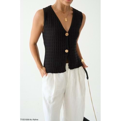 Kadın Giyim Aci Kahve Gold Düğme Kapamalı Yelek Yeni Sezon Doku Detaylı