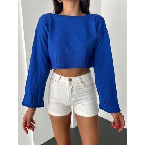 Kadın Giyim Lacivert Ve Pembe Renk Akma Yırtık Detay Tarz Crop Kazak