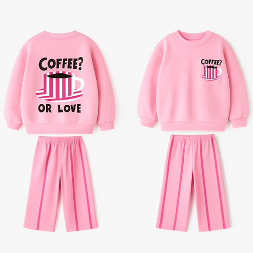 Yeni Sezon Kız Çocuk Coffee Baskılı 3 İplik Kumaş Canvas Pantolon Alt Üst Takım