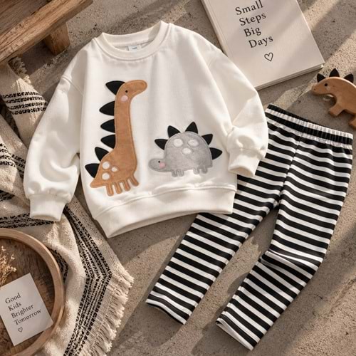 Kız Çocuk 3D Boyutlu Dikenli Dinozor Nakışlı Desenli Kışlık Pamuklu Sweatshirt Tayt Alt-Üst Takım