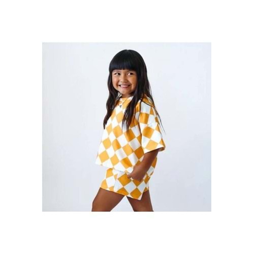 Kız Çocuk Oversize Ekose - Dama Desenli Tişört ve Şort 2li Takım – 2-7 Yaş Yazlık Takım Sarı Renk