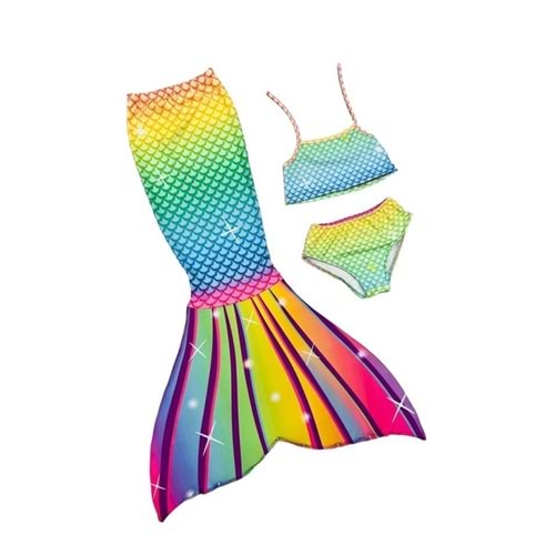 Kız Çocuk Deniz Kızı Kostüm Doğum Günü Konseptli Mayo Bikini 3'lü Set Takım Yıldız Gökkuşağı