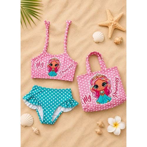 Kız Çocuk Prenses Bebek Baskı Desen Plaj Çantalı Bikini Takımı 3 Parça