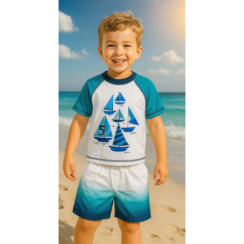 Erkek Çocuk PAW Patrol Baskılı Mavi - Sarı Beyaz T-shirt Şort Mayo Seti Üst Dalgıç Alt Paraşüt