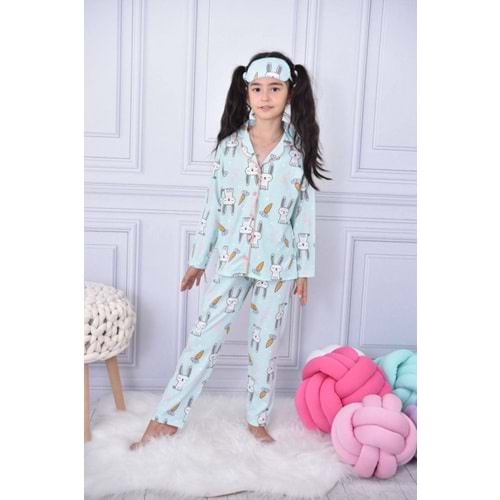 Kız Çocuk Pastel Renk Sevimli Tavşan - Havuç Baskı Desenli Düğmeli Pijama Takımı Göz Bandı Hediyeli
