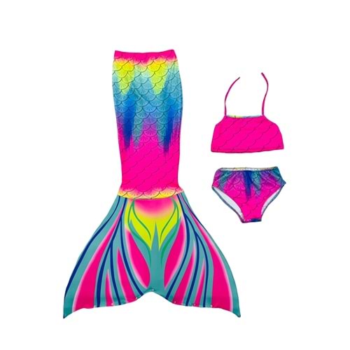 Kız Çocuk Deniz Kızı Kuyruklu Kostüm Mayo Bikini Takımı 3 Parça Son Moda Gökkuşağı