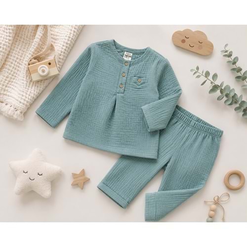 Erkek Çocuk Müslin Kumaş Düğmeli Pijama Takımı Pastel Renk Ev Giyim - Pamuklu