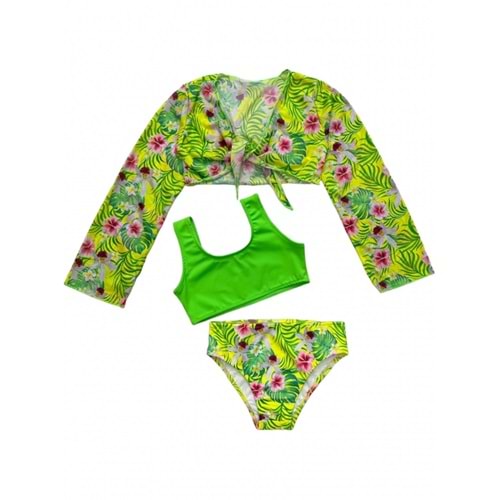 Yeni Sezon Kız Çocuk Neon Yeşil Renk Çiçek Desen Bolero / Pareolu Bikini Takımı 3'lü Set