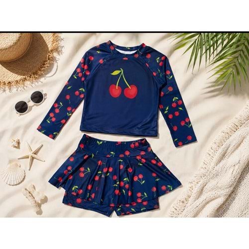 Kız Çocuk Lacivert Renk Kiraz - Cherry Desenli Uzun Kollu Tayt Etekli 2 Parça Mayo / Bikini Takımı