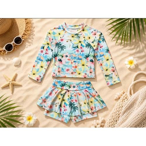 Pastel Renk Çiçek Desenli Uzun Kollu Tayt Etekli 2 Parça Mayo / Bikini Takımı