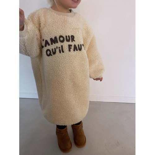 Kız Çocuk Yeni Sezon Taba - Taş Renk Nakış Detay İşlemeli Peluş Midi Boy Elbise