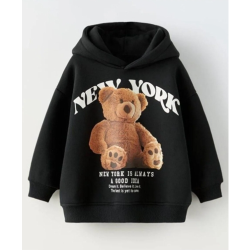 KIz Çocuk Yeni Sezon New York Yazı Teddy Bear Sevimli Ayıcık Baskılı Siyah Renk 3 İplik iç Şardonlu / Pamuklu Kapüşonlıu Swearshirt