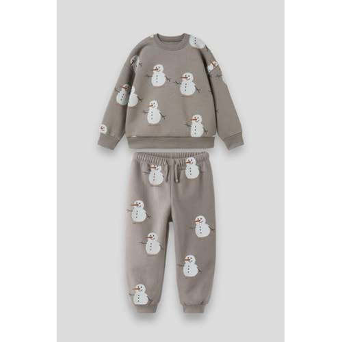 Kardan Adam Desenli Pamuklu Sweatshirt Jogger Eşofman Alt-Üst Takım