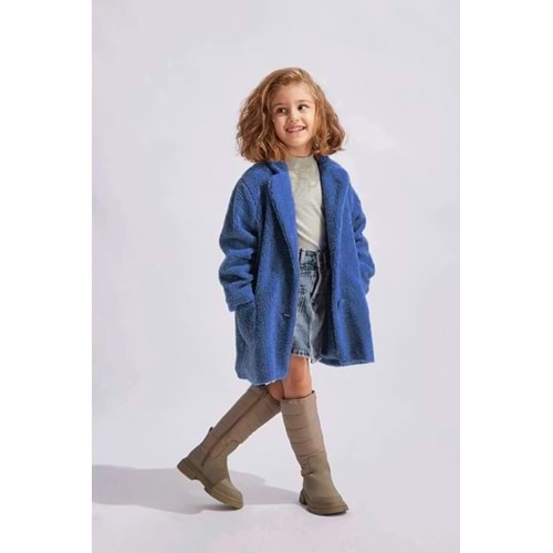 Kız Çocuk Yeni Sezon Trend Peluş Kürk Kaban Düğme Kapamalı Saten İç Astarlı